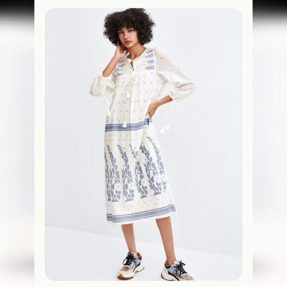 Zara trf Collection 100% cotton white maxi dress with blue embroidery M - Picture 4 of 8